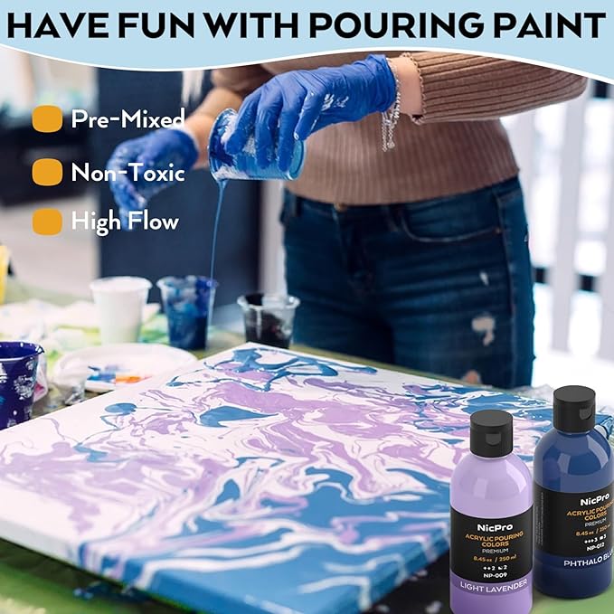Nicpro 24 Colors 8.45oz Acrylic Pour Paint Supplies Kit, Large Volume Premixed High Flow Painting Bulk Set with Canvas, Wood Natural Slices, Pouring Oil, Tools Gloves, Strainer, Cups for Beginner DIY
