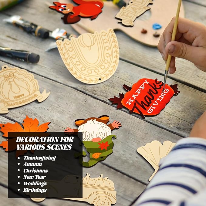 Subacy 80 PCS Unfinished Thanksgiving Wood Cutouts 10 Styles DIY Wooden Crafts, Wooden Art Tags for Painting, Thanksgiving Hanging Ornaments(Thanksgiving)