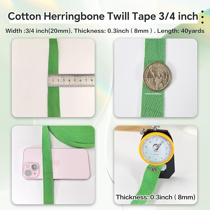 40 Yards Herringbone Twill Tape for Sewing,Pet Collar,Gift Wrapping Home Deco -3/4 inch Green Cotton Webbing Straps-Natural Bias Binding Tape for Handles, Crafting & DIY Projects