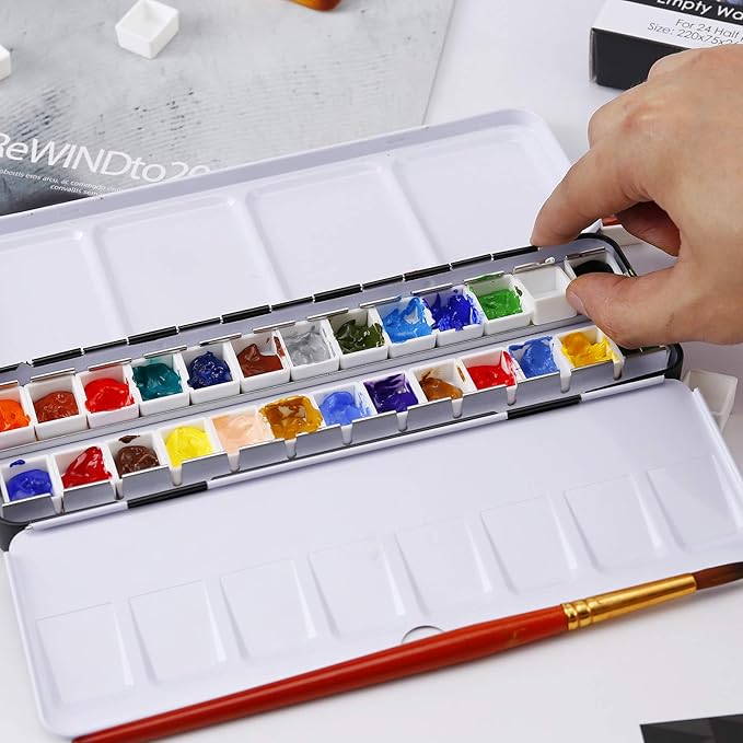 MYARTOOL Empty Watercolor Palette, Metal Empty Watercolor Tin Palette Paint Case with 24 PCS Empty Half Pans for DIY Travel Watercolor Palette, Acrylic and Oil Painting