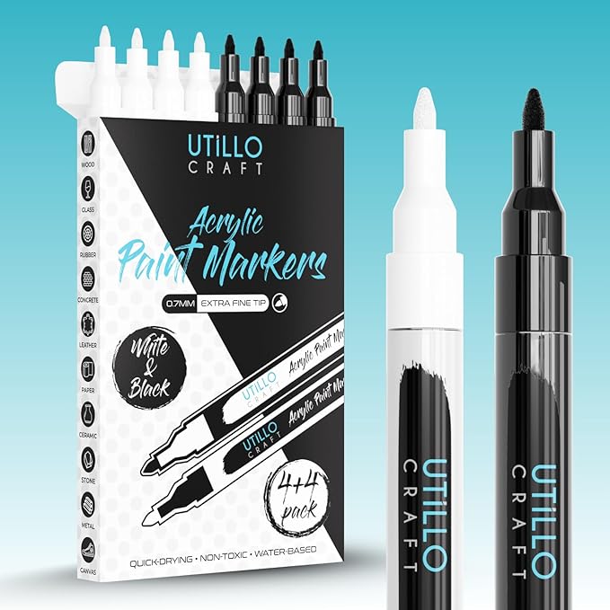 Utillo Craft White and Black Paint Pen (8-Pack) for Rock Painting, Wood, Glass, Tire, Canvas, Metal, Fabric | Extra Fine 0.7mm Tip Made in Japan | Bold Color Acrylic Paint Markers Perfect Art DIY Gift