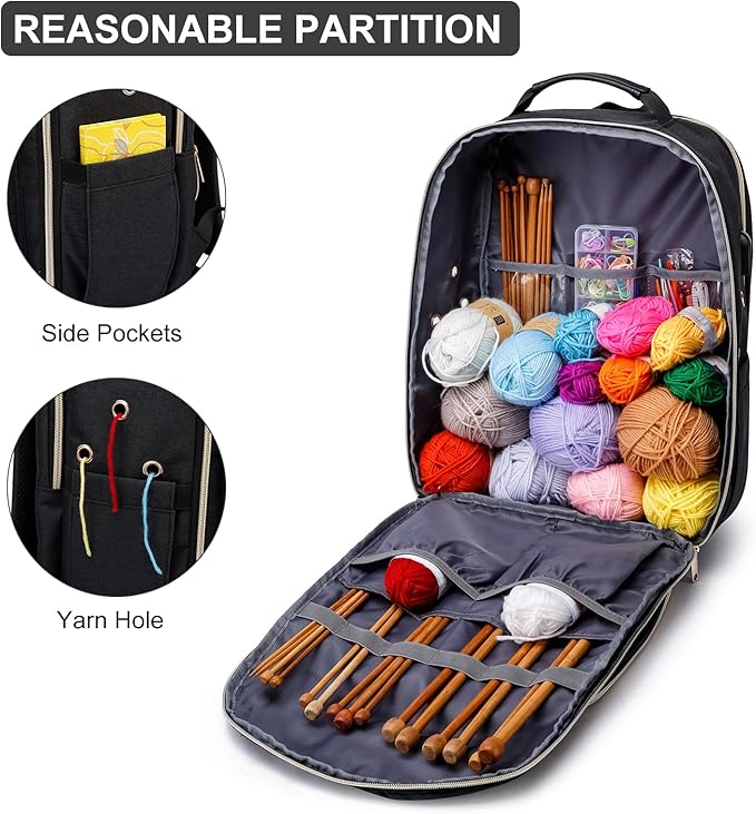 Knitting Bag Backpack, Crochet Bag Tote, Large Yarn Storage Tote Bag with USB Charging Port, Christmas Gifts Yarn Holder Case for Carrying Projects, Knitting Needles, Yarn Supplies, Black