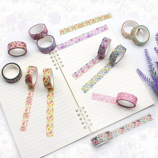 Benvo 12 Rolls Floral Washi Tape 15 mm Wide Flower Masking Tape Decorative Paper Tape for Journals, Scrapbooks,Vision Boards, Planners, Envelope DIY(5m Long Each Roll, 12 Flowers Pattern B)