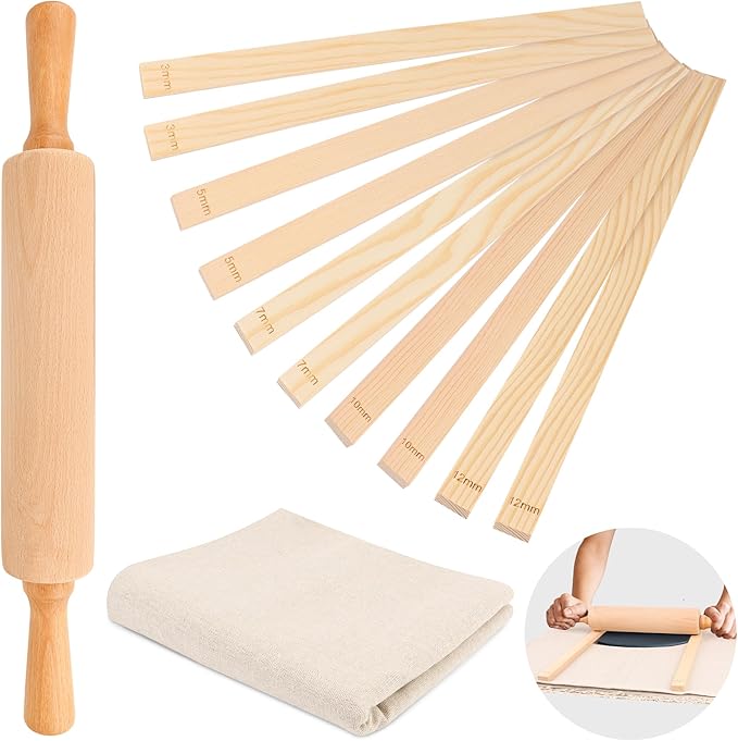 12 Pcs Pottery Tools Set, Include17in Slab Roller for Clay Pottery and 10 Pcs 5 Size Wooden Rolling Pin Guides, 1 Linen Tablecloth for Ceramic Clay Making