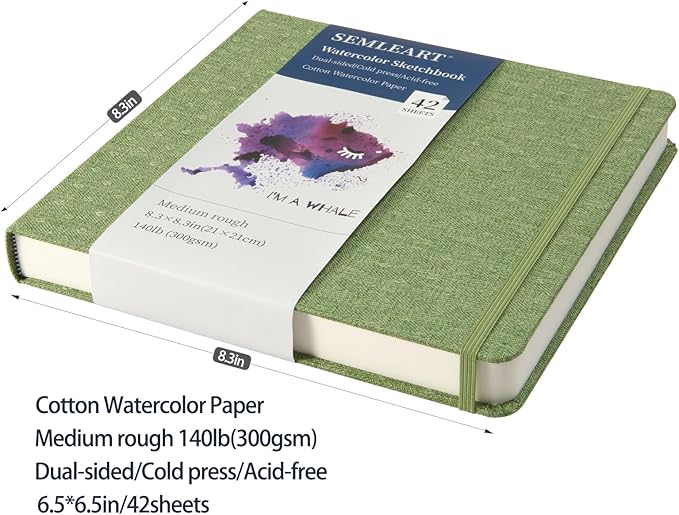 SEMLEART Small Watercolor Sketchbook for Travel,8.3x8.3/42Sheets/140lb(300 GSM),Cotton Pulp Paper ，Mini Watercolor Journal Notebook for Painting,Mixed Media Journal PAD（Green）
