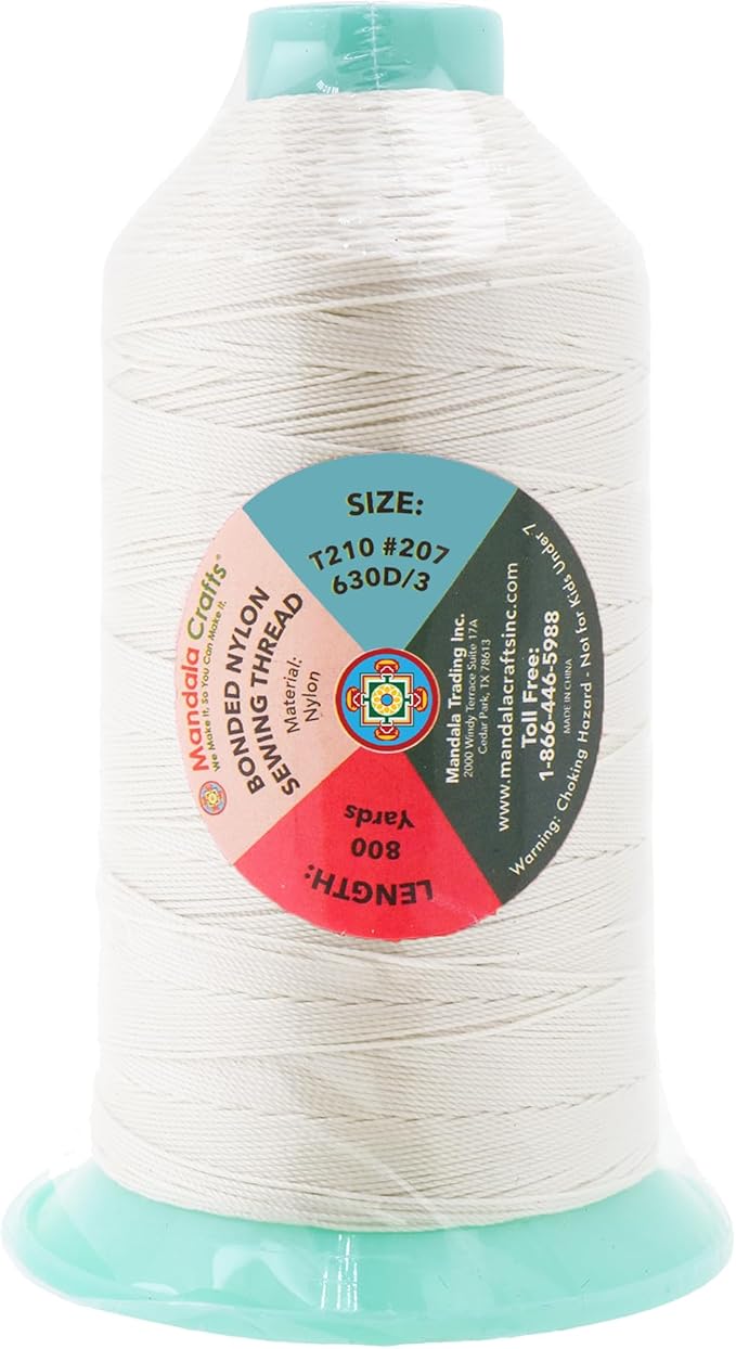 Mandala Crafts Size 207 630D T210 Bonded Nylon Thread - Off White 800 YDs Tex 210 Heavy Duty Sewing Threads for Leather, Jeans, Weaving, Outdoor Marine Upholstery