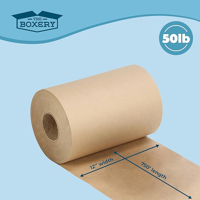 The Boxery Kraft/Brown Kraft Paper Roll, 12” x 9000” (750’)-50lb. Thickness, Heavy Duty Brown Wrapping Paper, Natural Kraft Packing Paper, Void Fill, Arts and Crafts, Bulletin Boards, Gift Wrapping
