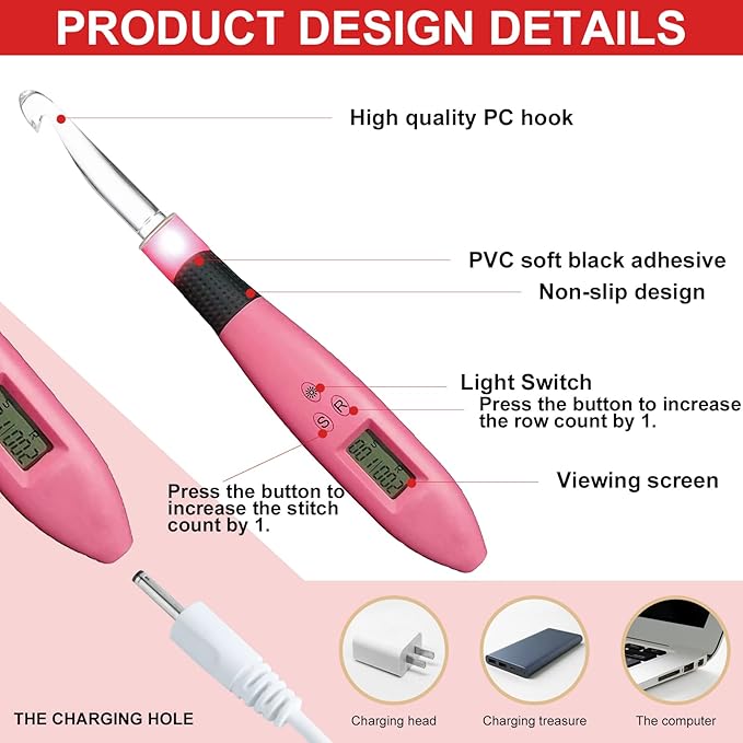 LOVE&WEAVING 17 Size Counting Crochet Hooks Set, Light Up Crochet Hooks for Stitch & Row Counter