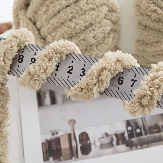 HOMBYS Khaki Chunky Chenille Yarn for Hand Knitting,Fluffy Soft Jumbo Yarn Crocheting,Super Bulky Big Yarn for Chunky Blanket,Large Thick Arm Knitting Yarn,8 Pack Plush Fuzzy Yarn