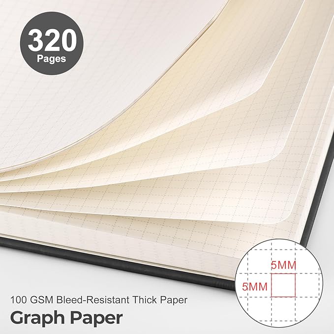 EMSHOI A5 Graph Paper Notebook - 320 Pages, 100gsm Thick Leather Hardcover, Square Grid Journal for Math, Engineering, Writing & Graphing, School, Work, Portable 5.75"x8.38" Size, Black