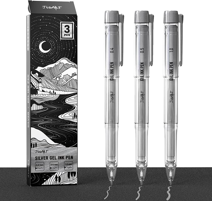 JusArt Silver Pens with 0.4mm, 0.5mm & 1.0mm Assorted Tips, Opaque Ink Gel Pens for Black Paper, Drawing, Journaling & DIY Crafts, Ideal Drawing Pens for Artists & Art Supplies, 3 Pack