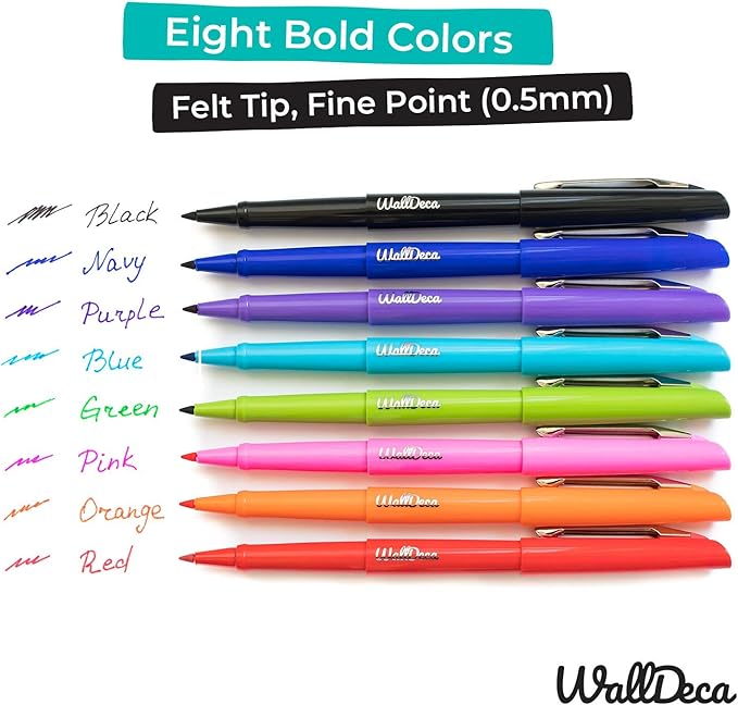 WallDeca Fine Point Felt Tip Pens (0.5mm), Vibrant Multi-Colored Writing Set With Smooth-Flowing Ink, No Bleed Markers for Journals and Note Taking, Everyday Writing and Colorful Doodling (8-Pack)