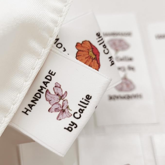 callie Personalized 10-100Pcs Sewing Labels - Custom Birth Flower & Name, Fabric Handmade with Love Sewing Tags for Clothes, Gifts for Knitting DIY Craft Lovers