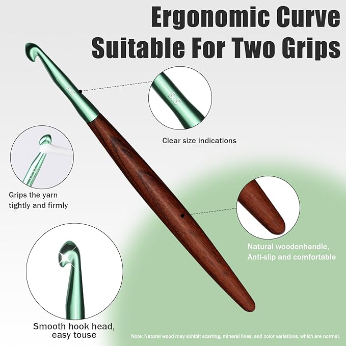 Giwrmu Crochet Hooks, 5.5mm Ergonomic Crochet Hook, Available in 3mm-7mm, Colored Aluminum Crochet Hook with Wooden Handle Crochet Needle for Crocheting Yarn