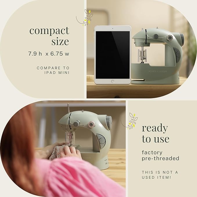 Hearth & Harbor Mini Sewing Machine for Beginners, Dual Speed Small Portable Sewing Machine for Kids and Adults with Extension Table, 122 Piece Gift Set Includes, Fabrics, Project Book and More, Green