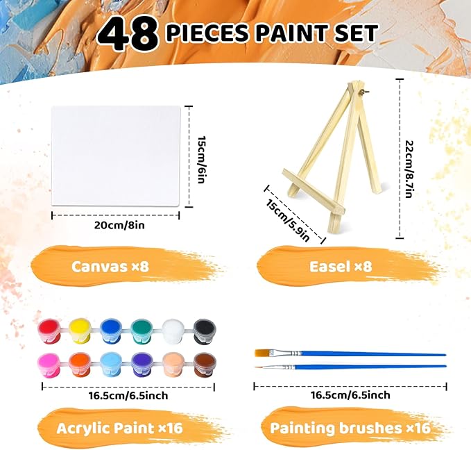 8 Set Mini Acrylic Paint Set, Mini Canvas Painting Kit, Small Canvas with Easel, Acrylic Paints,Brush, Minis Easel with Canvases for Kids Adults Classroom Birthday Painting Party (6 x 8Inch)