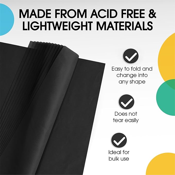 Party Solids Black Tissue Paper for Gift Bags - 15" X 20" Bulk Tissue Paper Black 480 Sheets - 10lb Newsprint for Packing, Birthday Gift Box Filler, Packing Supplies for Moving Supplies