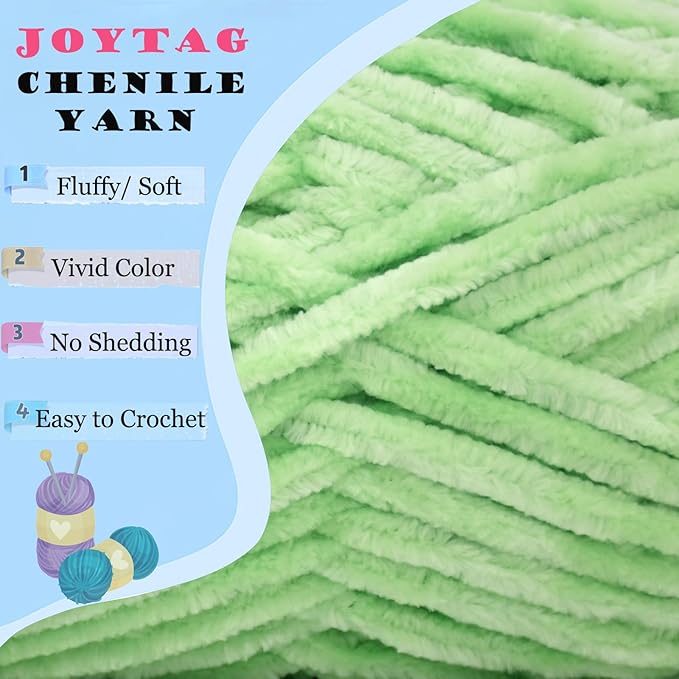 Velvet Chenille Yarn for Crocheting Light Green Fluffy Plush Thick Bulky Chunky Chenille Velvet Soft Baby Blanket Yarn for Crocheting Hand Knitting 100g-Light Green