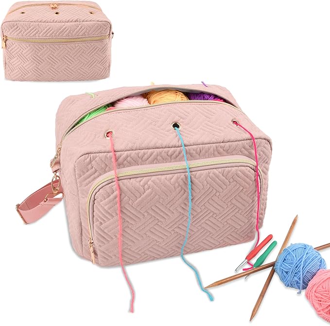 Crochet Bag Organizer, Yarn Storage Organizer, Yarn Holder for Crochet with Adjustable Shoulder Straps, Knitting Bag for crocheting, Crochet Hook Case Gifts for Crocheters (Pink)