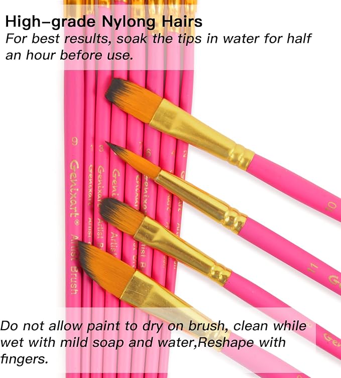 Genixart Paint Brush Set for Acrylic Oil Watercolor, Synthetic Nylon Hairs Artist Paintbrushes for Nail Face Body Professional Art Painting, 12 Pack Paint Brushes for Students Adults (PinkRed)