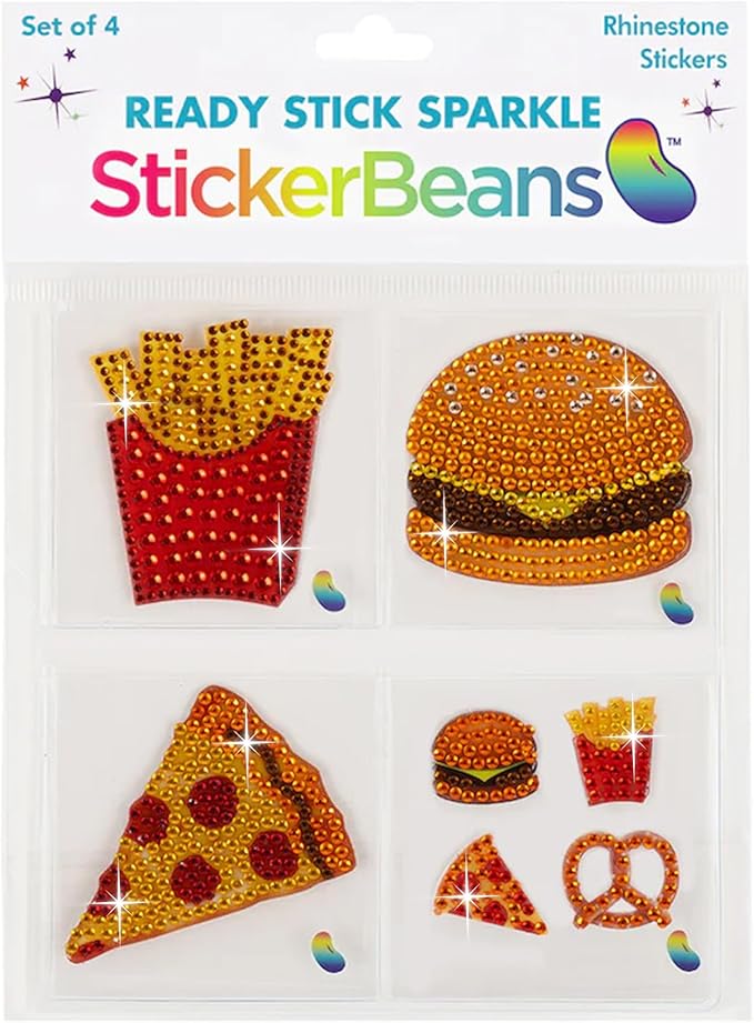 StickerBeans® Rhinestone Stickers - Foodie 4-Pack, 2” x 2” Each, Unique Sparkly Cut-to-Shape for Collecting, Trading, Decorating Laptops, Phone Cases, Scrapbooks - for Kids, Teens, & Adults