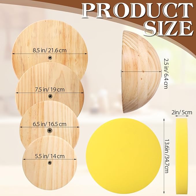 4 Pack Pottery Molds Plaster Molds Wood Pottery Tools with Handle Foam for Ceramic Top Forms DIY Bowls Plate Dish Slump Press Art, Hemispherical, 5.5'' 6.5'' 7.5'' 8.5'', Thickness 2.5''