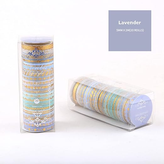 YUBX Skinny Gold Washi Tape Set Basic Foil Print Decorative Masking Tapes for Arts, DIY Crafts, Journals, Planners, Scrapbook, Wrapping (Lavender)
