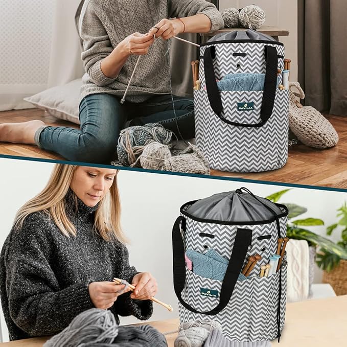 PAVILIA Crochet Bag Knitting Bag Organizer, Yarn Bag Storage Tote for Crocheting On The Go, Knitting Accessories Supplies Holder with Grommets, Gift for Crochet Lovers Knitters (Chevron Gray)