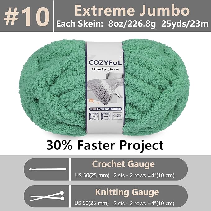 Chunky Yarn for Hand Knitting - #10 Chunky Chenille Yarn, Jumbo Big Thick Chunky Yarns for Crocheting, Super Bulky Chunky Knit Blanket Yarns, 8 Skein (25 yds 8 oz Each Skein), Misty Jungle Green