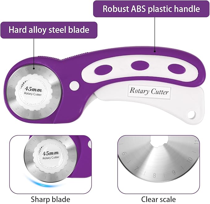 45mm Rotary Cutter for Fabric, Fabric Cutters with 5pcs Extra Rotary Blades, Roller Cutter Set for Sewing, Quilting, Leather & Craft Projects (Purple)