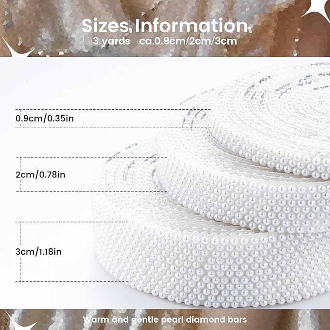 Novani Self Adhesive Pears Ribbon 1 Roll - 3 Yards White Pearls Crystal Diamond Bling Strips Glitter Resin Ribbon for Crafting,Home DIY Decoration（White Pearls,0.78 Inch,3Y）