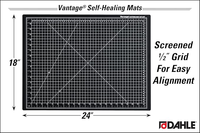 Dahle Vantage 10792 Double-Sided Premium Self-Healing Cutting Mat, 18"x24", 1/2" Grid, 5 Layers for Max Healing, Perfect for Crafts & Sewing, Black