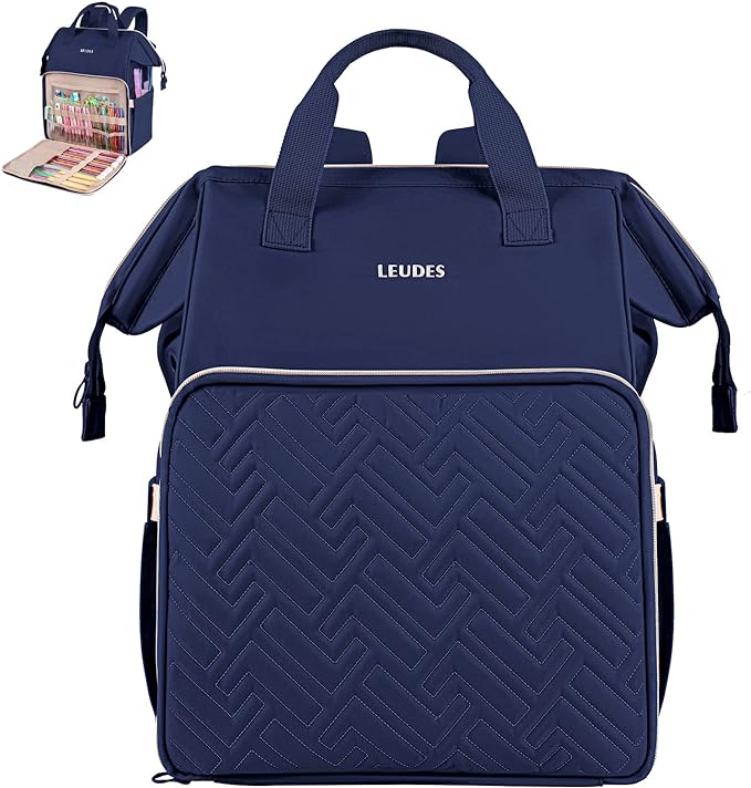 Leudes Knitting Bag Backpack,Yarn Storage Organizer Large Crochet Bag Tote Christmas Gift Yarn Holder Case for Carrying Projects,Knitting Needles (Navy Blue)