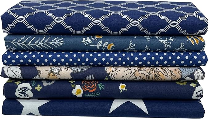 6Pcs Cotton Fabric Squares 20x20 Inch (50x50cm) Pre-Cut Quilt Squares Sheets Patterns Craft Cotton Fabric Bundle for Sewing Quilting Patchwork Crafting Home Décor Handwork (Navy Blue)