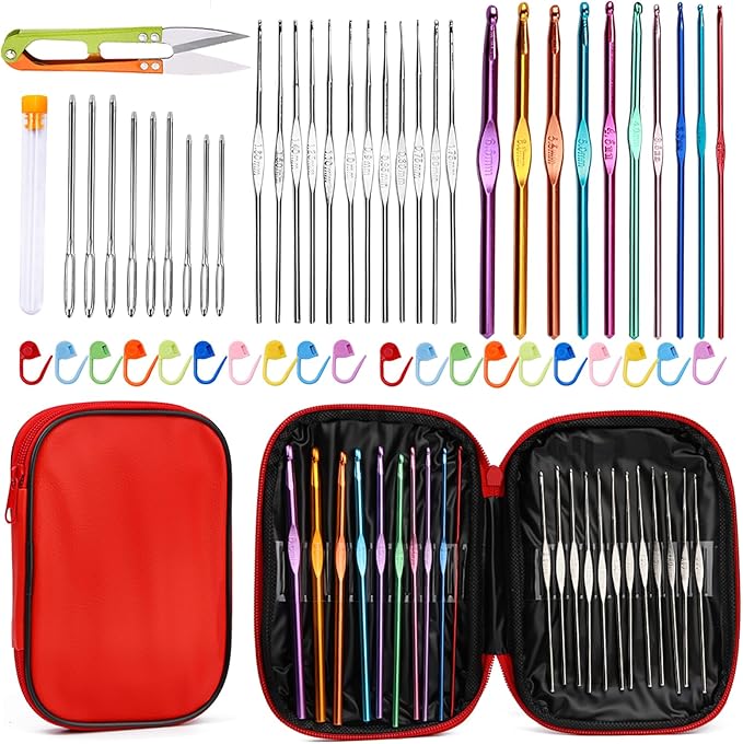 IMZAY 54 Pcs Crochet Hooks Set, Ergonomic Knitting Needles with Purple Storage Case, Stitch Marker, DIY Hand Knitting Craft Art Tools for Beginners - Red