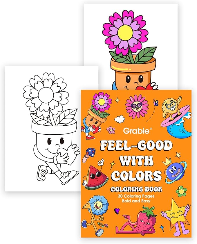 Grabie Easy Coloring Book for Adults Relaxation,Simple Mindful Coloring Pages for Alcohol Markers,Stress Relief Themes Flowers,Mushrooms,Monsters and More,Cute Designs(Feel Good with Color,30 Sheets)