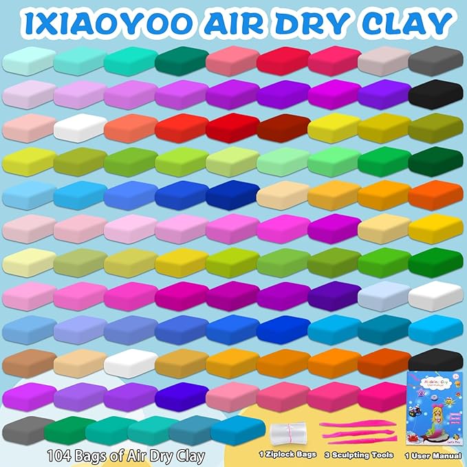 Air Dry Clay for Kids, 104 Colors DIY Magic Modeling Clay Kit, Soft & Non-Sticky, Arts & Crafts Modelling Toys with Sculpting Tools, Birthday & Christmas Gift for 3-12 Years Old Girls Boys