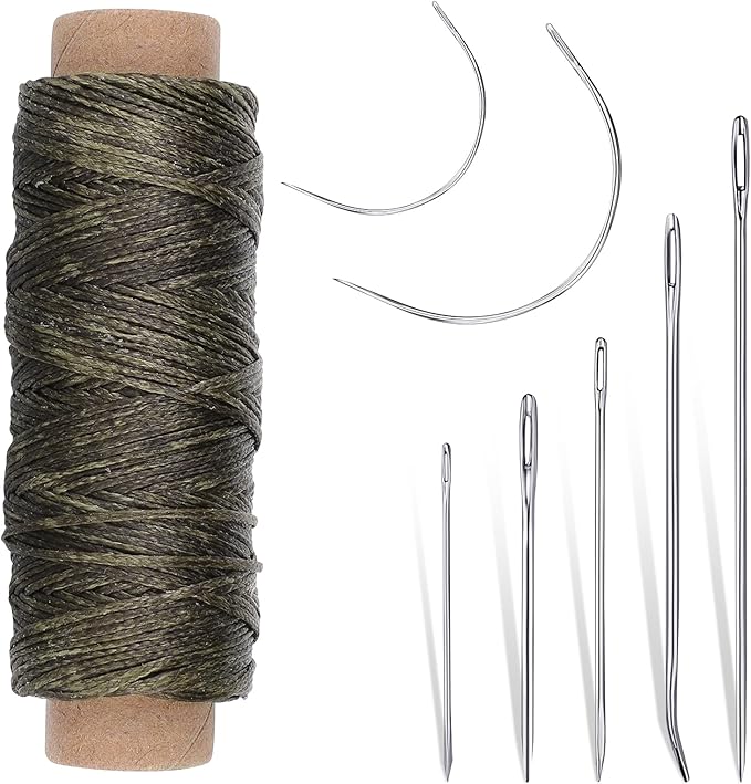 Pimoys 55Yards Waxed Thread with 7 Pcs Leather Needles for Hand Sewing 150D Flat Sewing Waxed Thread Leather Repair Needles for Sewing Upholstery Leather Canvas Bags Sofa Furniture(Army Green)