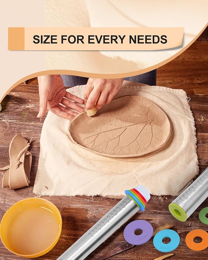 eZAKKA Adjustable Rolling Pin with Thickness Rings, 17inch Clay Pottery for Clay Tools, Pottery Tools with Clay Slab Roller & Clay Guides Sticks