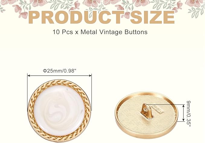 MECCANIXITY Metal Vintage Gold Button 25mm Round Metal Sewing Button Alloy Shank Replacement for Women's Suit Woolen Coat Shirt Dress Sewing White Pack of 10