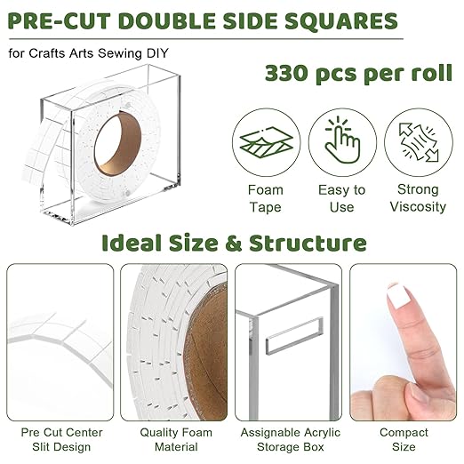330 PCS Double Sided Foam Tape Pre Cut 1/2 X 2/5 Inch Small Adhesive Foam Squares for Crafts Thin Foam Craft Tape Split for Arts Crafts Sewing Scrapbook Kids DIY Christmas (Tape with box, White)