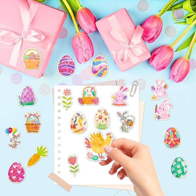 100 Pcs Holographic Easter Stickers,Easter Egg Stuffers Cute Bunny Rabbits Vinyl Waterproof Stickers Basket Stuffers Gifts