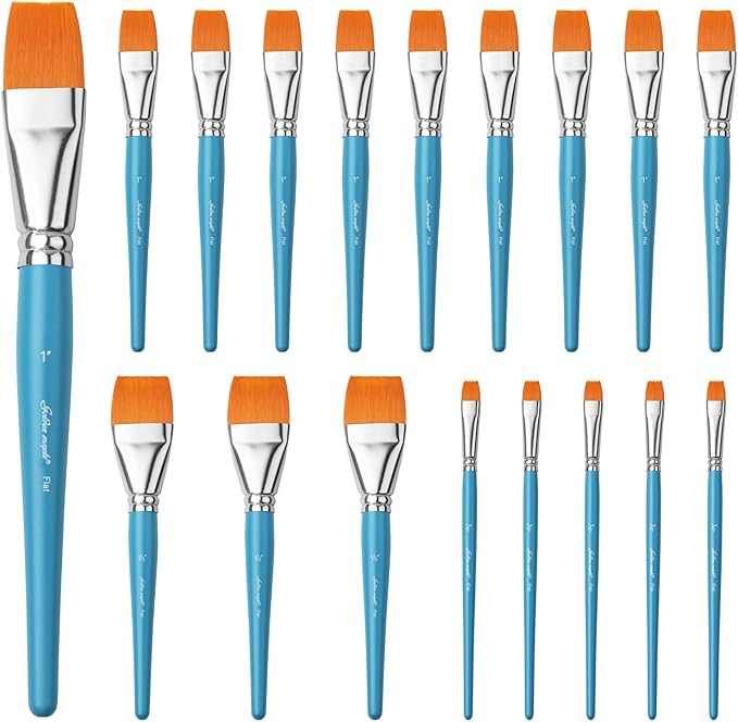 Flat Paint Brushes for Acrylic Painting, Golden Maple 18 PCS Paint Brushes for Acrylic Painting Oil Watercolor & Canvas, Incluing 3pcs 1.5inch, 5pcs 1inch, 10pcs 1 inch Flat Brushes