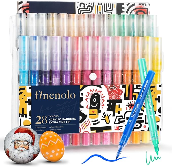 Acrylic Paint Pens Markers, 28 Colors, 0.7 mm, Fine Tip Markers, Perfect for Rock Painting, Ceramic Mug, Fabric, Glass, Wood, Includes Cardstock