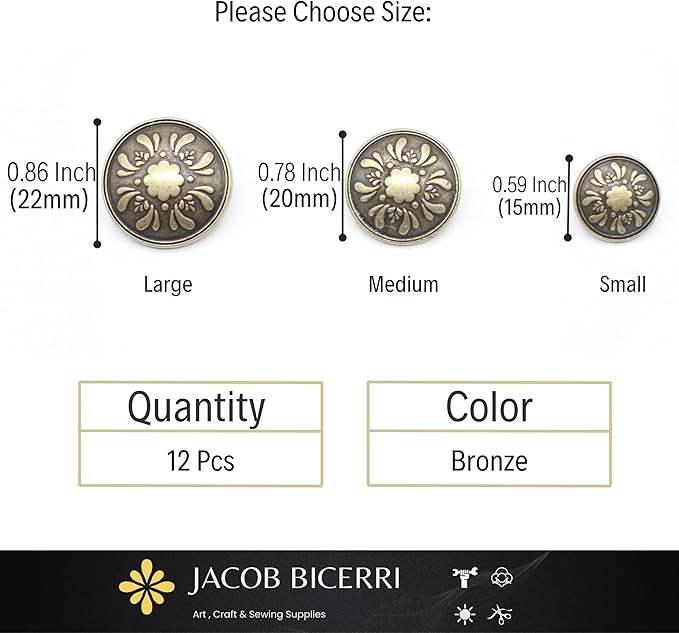 Bronze Metal Shank Buttons - 12 Pcs - 3 Size Options - Floral Round Metal Shank Buttons for Men Women Blazer Coat Uniform Shirt Suit and Jacket Sewing Craft DIY N17802