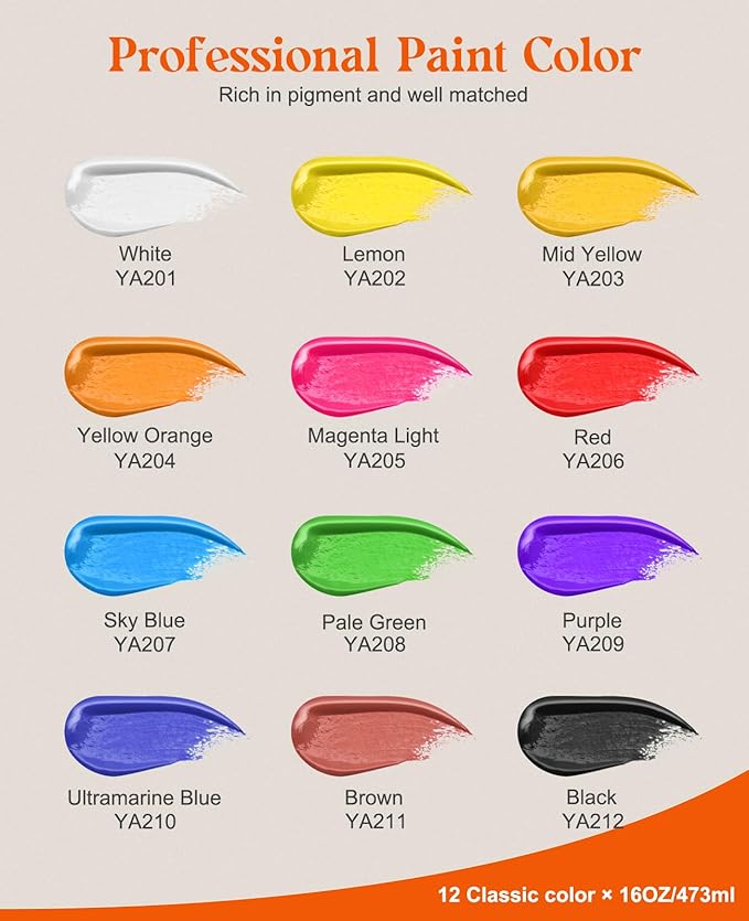 Acrylic Paint Set, 12 Colors Acrylic Paint Large Bottle Set, 16OZ Each, Rich Pigmented Canvas Paint, Premium Non-toxic Paints for Artists, Paint Set for Adults, Art Supplies for Canvas