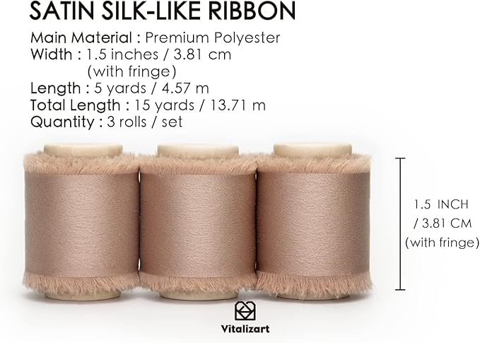 Vitalizart Silk Satin Ribbon 1-1/2 inch x 15 Yard Champagne Brown Ribbon Handmade Frayed Ribbons for Gift Wrapping Baby Shower Wedding Bridal Bouquets Holiday Decor