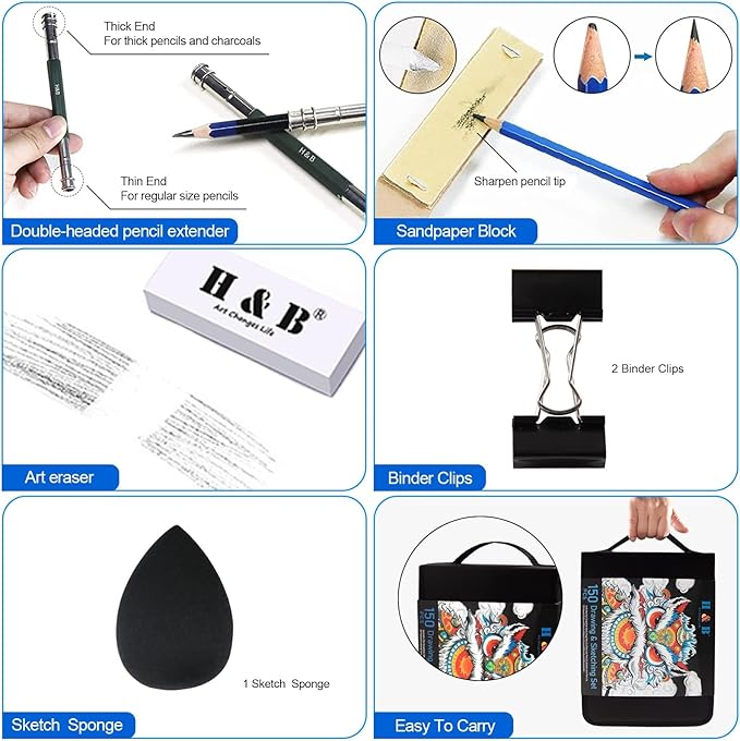 H & B 150PCS Drawing Pencils Set with Portable Zipper Bag – Professional Sketching & Art Supplies Kit with Sketchpad and Colored Pencils for Adults, Kids & Artists