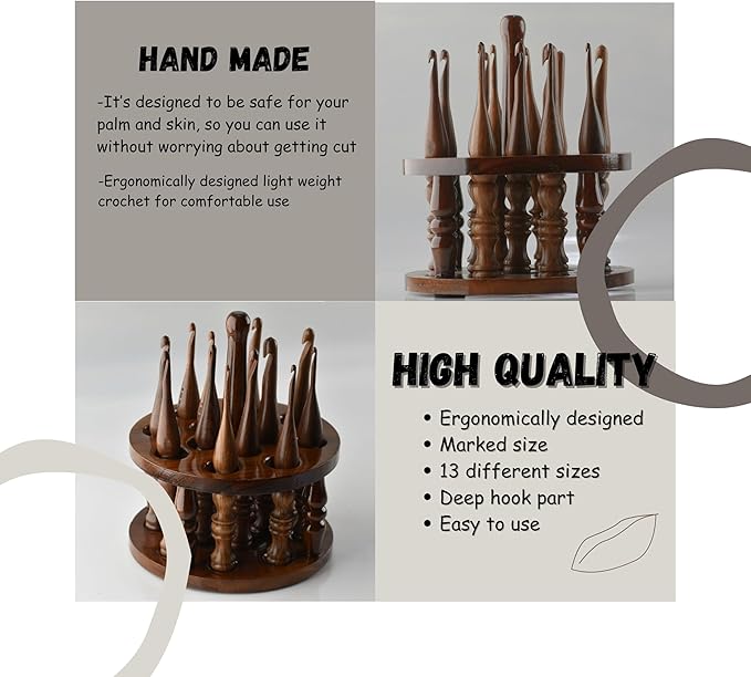 DnU Avenue Sheesham Wood Set of 13 Ergonomic Crochet Hooks 3.5 MM to 12 MM, Wooden Yarn Crochet Hooks for Arthritic Hands, Knitting & Crochet Storage, Soft Grip, Wood Finish, Brown (Only Hooks)