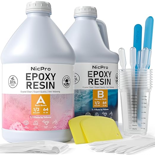 Nicpro 1 Gallon/128OZ Crystal Clear Epoxy Resin Kit, High Gloss & Bubbles Free Resin Supplies for Art Coating and Casting, Craft DIY, Wood, Tabletop,Molds, River Tables with Cups, Sticks, Gloves